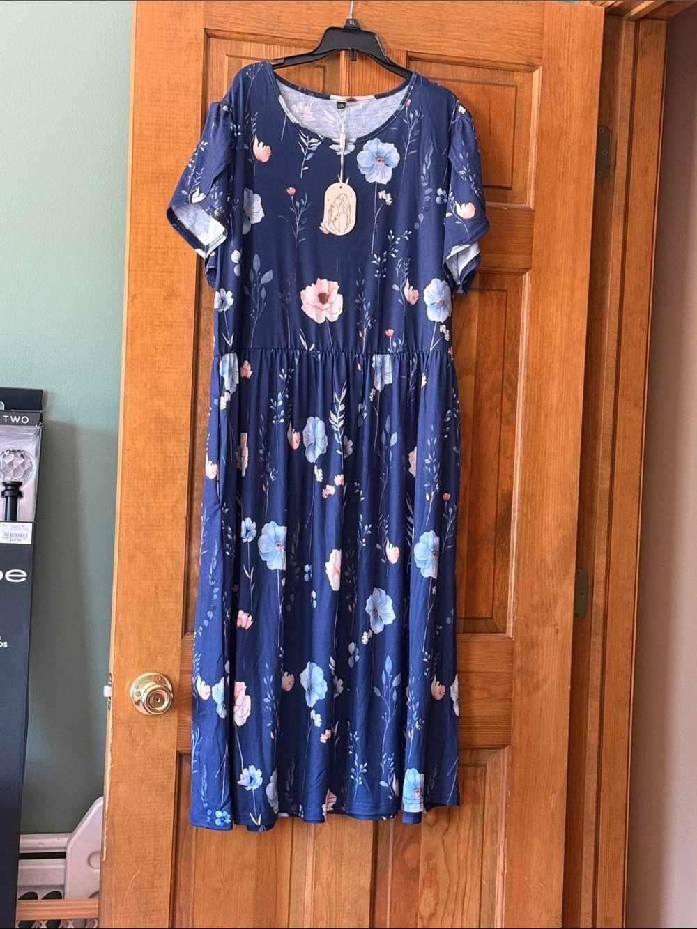 Navy Floral Midi Dress with Pink & Light Blue Blooms